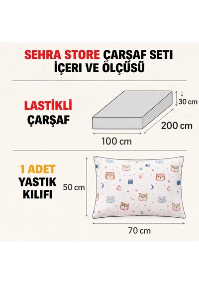 Lastikli Çarşaf Lüks%80 Pamuklu Tek Kişilik Takımı Çocuk Ayı Desen +1 Adet%80 Pamuklu Hayavan Desenli Yastık Kılıflı