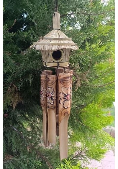 Otantik Hasır Kuş Yuvalı El Yapımı Doğal Bambu Çiçek Desenli Rüzgar Çanı Balkon Dekoru Ev Hediyesi
