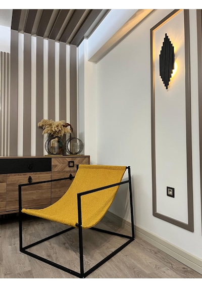 Modern Dekoratif Metal Ayaklı Berjer Salon Oturma Odası Berjer Sarı