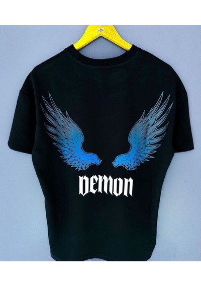 Flood Of Style Siyah Beyaz Demon Baskılı Oversize Bisiklet Yaka Tişört
