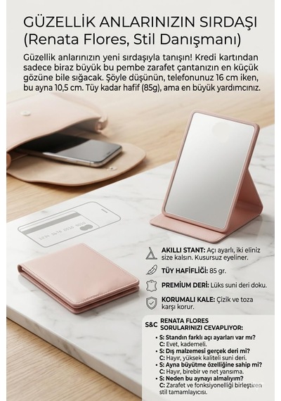 Katlanabilir Stantlı Makyaj Aynası / Pembe Deri Çanta Boyu Mini Ayna 723190 Genel