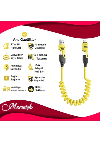 4'ü 1 Arada 65w Yaylı Hızlı Şarj Kablosu Type-c & Lightning Pd Destekli, Dolaşmaz Spiral Tasarım, 1.5m Uzayabilir Diğer