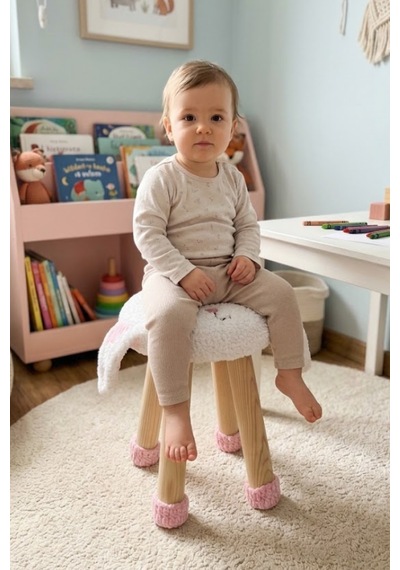 Reyo Hayvan Figürlü Ahşap Amigurumi Çocuk Taburesi Tavşan Beyaz