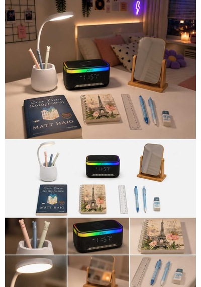 Doğum Günü, Özel Gün, Yeni İş Hediyesi Rgb Alarmlı Saat Hoparlör, Masa Lambası, Ahşap Ayna, Gece Yarısı Kütüphanesi Kitaplı 6'lı Hediye