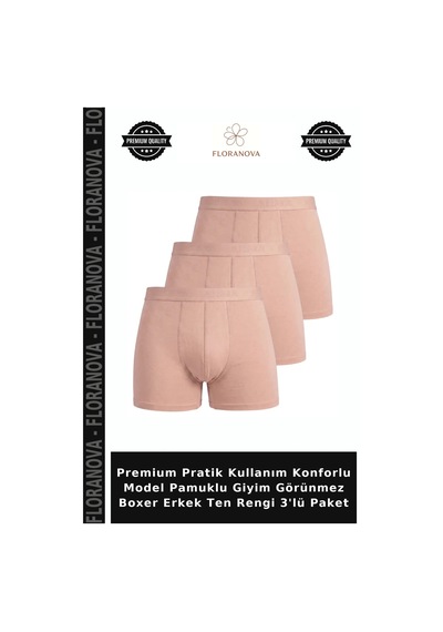 Floranova Premium Pratik Kullanım Konforlu Model Pamuklu Giyim Görünmez Boxer Erkek Ten Rengi 3'lü Paket Ten 3