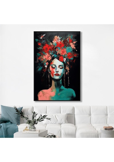 Yağlı Boya Dokulu Tablo Modern Çiçek Saçlı Kadın Siyah Çerçeveli U05012-178964