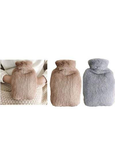 Sıcak Su Torbası 2 Adet,yan Cepli Peluş Termofor 27x17x2cm 750ml Bej-gri