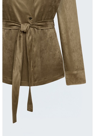 Sateen Kuşaklı Süet Ceket - Camel-138098
