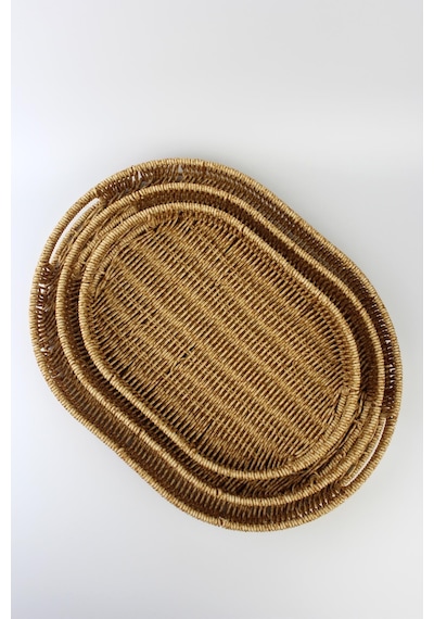 3 Lü Rattan Tepsi Dekoratif Tepsi Hasır Örme Tepsi Oval Krem