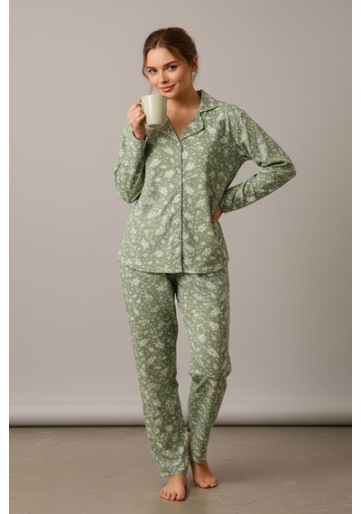 Süet Gömlek Pijama Takımı 7006 Doğa Yeşil Haki