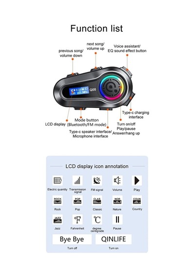 Rgb Işıklı Bluetooth Motosiklet Kask Kulaklık İntercom Su Geçirmez Ipx6 Lcd Ekran Fm Radyolu