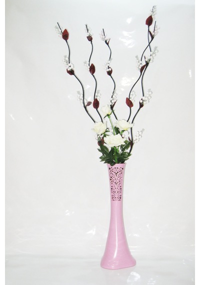 60 Cm Uzun Pembe Desenli Vazo 5 Adet Beyaz Üzüm Çiçek Beyaz Gül