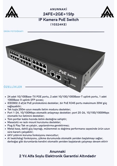 Anunnaki 10324ke 24 Port Poe Switch 400w 2ge Gigabit Uplink +1sfp 250m Extend Ip Kamera Uyumlu