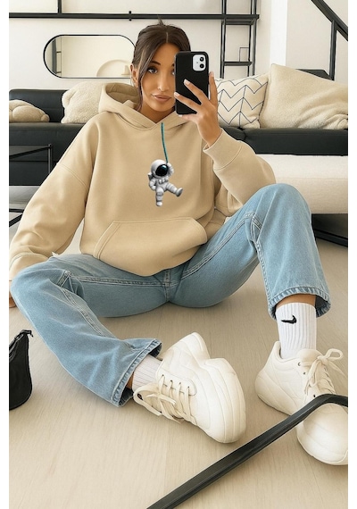 Benroma 3 İplik Penye Astronot Unisex Kapüşonlu Sweat Bej