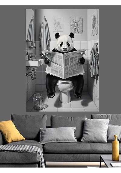 Ahşap Tablo Tuvalette Gazete Okuyan Panda