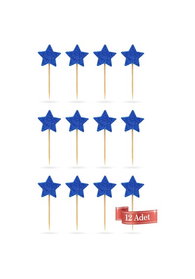 Mavi Yıldız Simli Eva Kürdan Cupcake Toppers Cupcake Çubuğu 12'li