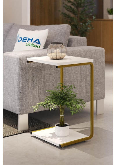 Modern Tasarım İki Katlı Tekerlekli Gold Servis Sehpası Koltuk Yan C Sehpa Zigon Sehpa 001