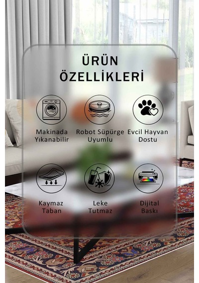 Yıkanabilir Kaymaz Taban Dijital Baskılı Halı Ve Yolluk Leke Tutmaz Salon & Mutfak Halısı - 0608 Bordo
