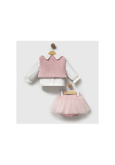 Ministok Lily Pink Yakası Nakış Detaylı Gömlek Şort Yelekten Oluşan 3'lü K Pembe