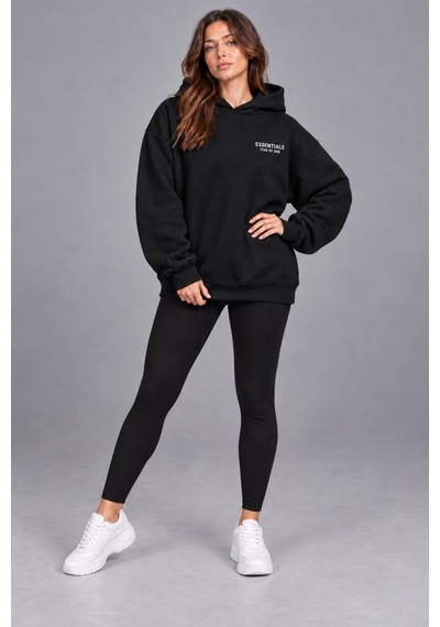 Genel Markalar Unisex Oversize Pikeli Double Face Kapüşonlu Sweatshirt Siyah