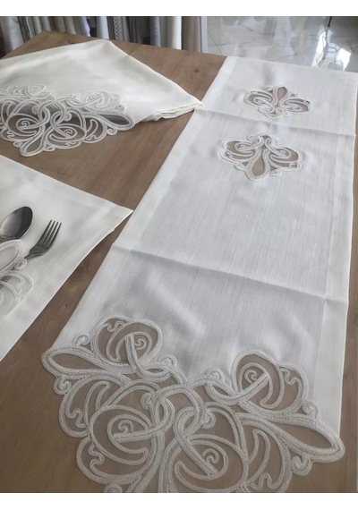 Vaveni Sofra Takımı Taç Gardenya Keten Yemek Takımı 160x260 Masa Seti 26 Parça Runner Set Krem Arz