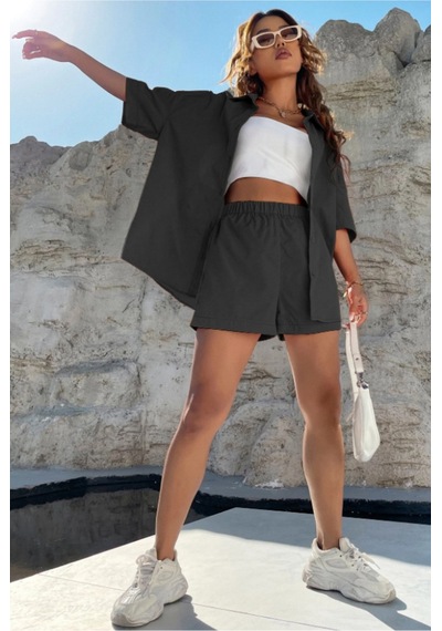 Cool Tarz Kadın Oversize Gömlek Şort Takım Yazlık 2 Li Kombin Rahat Kesim Siyah