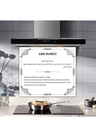 Decorita Cam Ocak Arkası Koruyucu Asr Suresi Beyaz Fon 52 CM x 60 CM