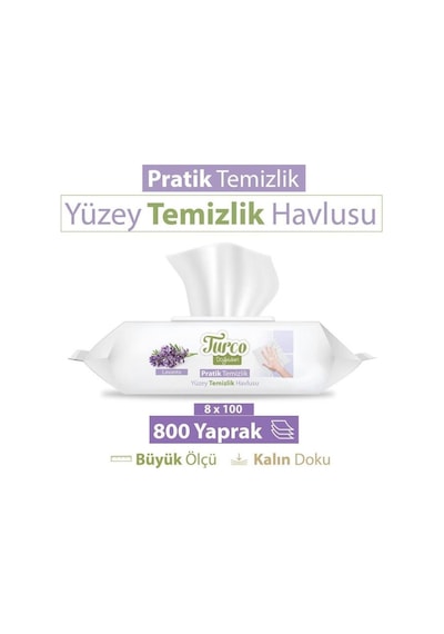 Turco Doğadan Pratik Temizlik Turco Doğadan Pratik Yüzey Temizlik Havlusu Lavanta 8x100 800 Yaprak Beyaz