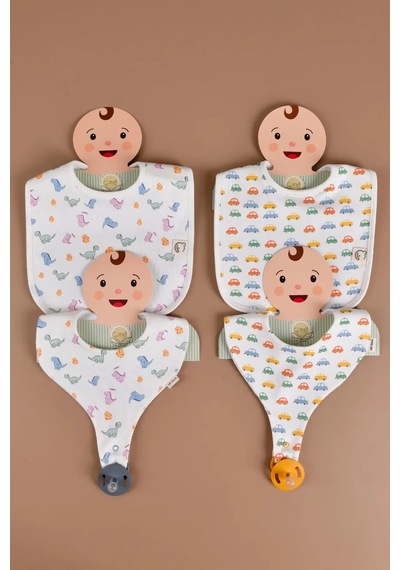 E&f Store 4'lü Sıvı Geçirmez Mama Önlüğü Seti - Dinazor/araba Çok Renkli