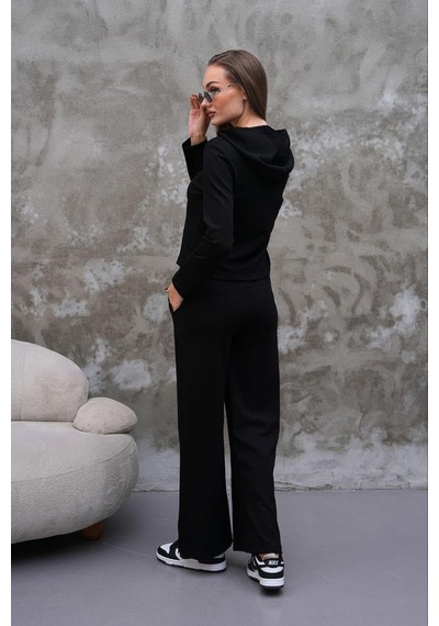 Elaxi Modal Kumaş Slim Fit Kapüşonlu İkili Takım Siyah