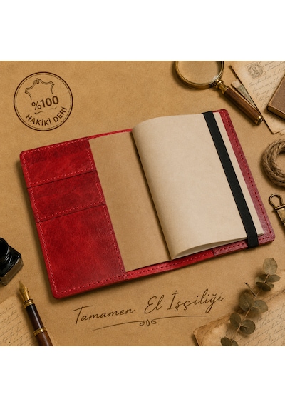 Bilikolik Hakiki Deri A5 Defter Kılıfı, El Yapımı, Telefon Cepli Ajanda Organizer, Defter Ve Kalem Dahil Kırmızı