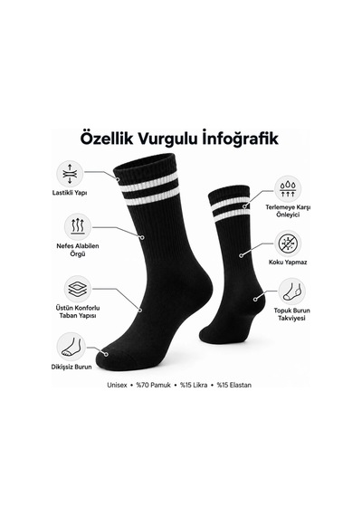 S'82 Siyah Çorap Beyaz Çizgili 3'lü Set Unisex Uzun Soket Günlük Spor Rahat Kolej Stil Çorap Seti