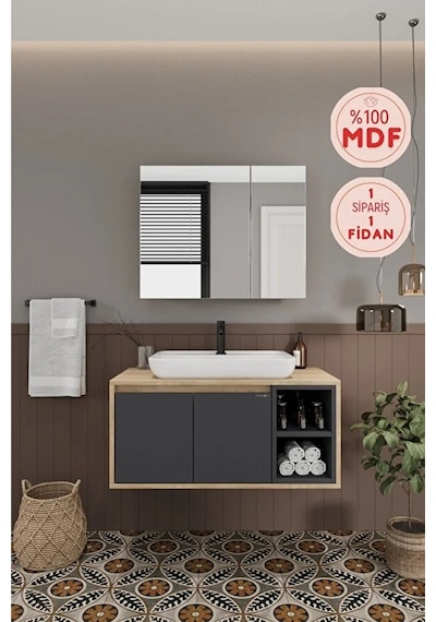 Lale 90 Cm %100 Mdf Lavabolu Banyo Dolabı + Aynalı Dolap Antrasit
