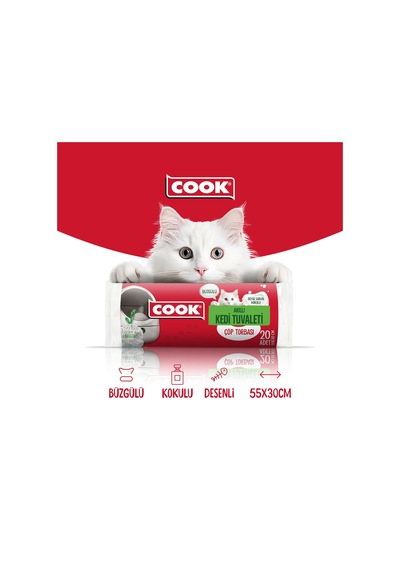 Cook Kedi Tuvaleti Büzgülü Çöp Torbası, 55 X 30 Cm, 20 Yaprak, Sa