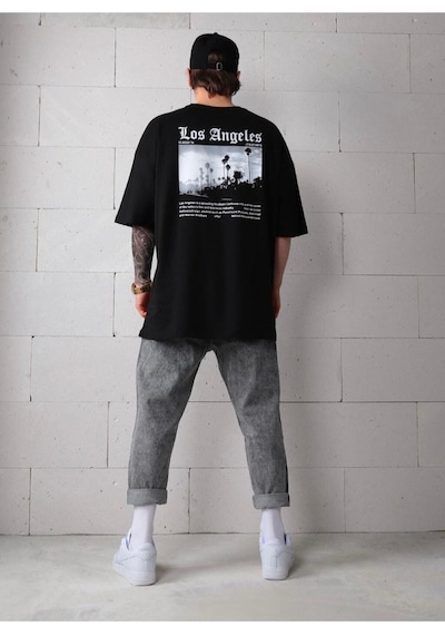 Los Angeles Baskılı Oversize Siyah T-shirt SIYAH