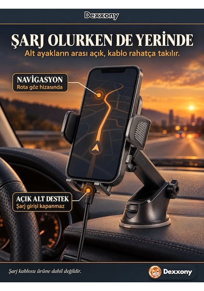 Dexxony A01 Araç İçi Telefon Tutucu Vantuzlu Torpido Ve Cam Uzayan Kol 360 Derece Döner Başlık