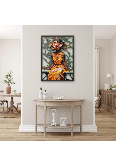 Çiçek Saçlı Altın Elbiseli Kadın - Metal Tablo - Dec0387 58 X 80 Cm Çok Renkli