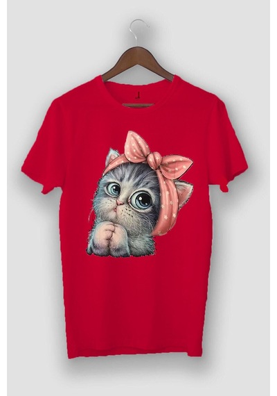 Startmore Oversize Unisex Gri Sevimli Minik Kedi Baskılı T-shirt Kirmizi