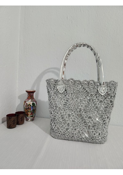 Fikriharika Design Lacebag, Metalik İp, Gümüş, Dantel, Işıltılı Kadın Omuz Çantası