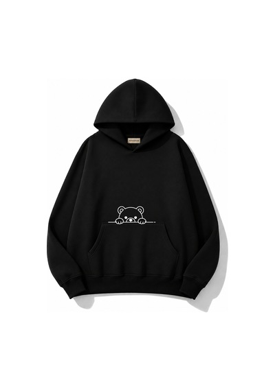 Herkesemoda Sevimli Ayı Baskı Detaylı Kapüşonlu 2 İplik Sweatshirt Siyah