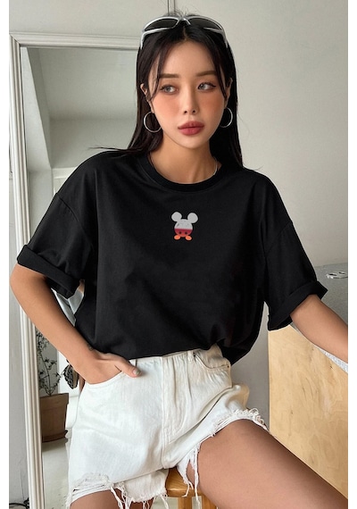 Unisex Mause  Baskılı T-shirt Siyah