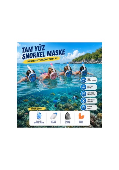Tam Yüz Şnorkel Maskesi S-m Geniş Panoramik Görüş Ve Dry Top Koruma Mavi