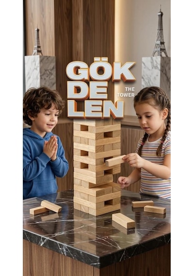 Ahşap Gökdelen Ahşap 54 Parçalı 4 Kişilik Eğitici Ve Zeka Aile Kule Denge Oyunu