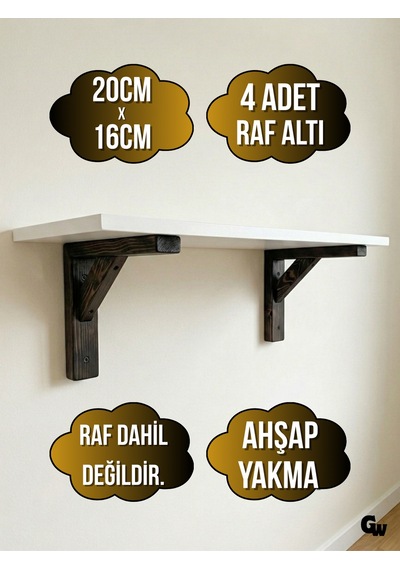 Raf Altı Ahşap Tutucu L Raf Ahşabı Duvar Sabitleyici Ahşap Yakma 4 Adet 20x16cm Beyaz Çam