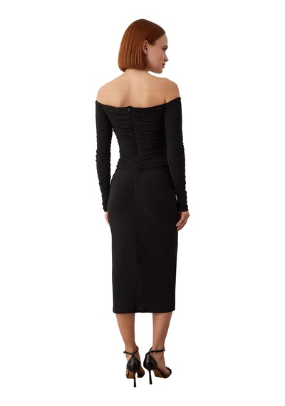 Ersefa Moda Stil Fitted Carmen Yaka Midi Boy Vücuda Oturan Örme Elbise Siyah