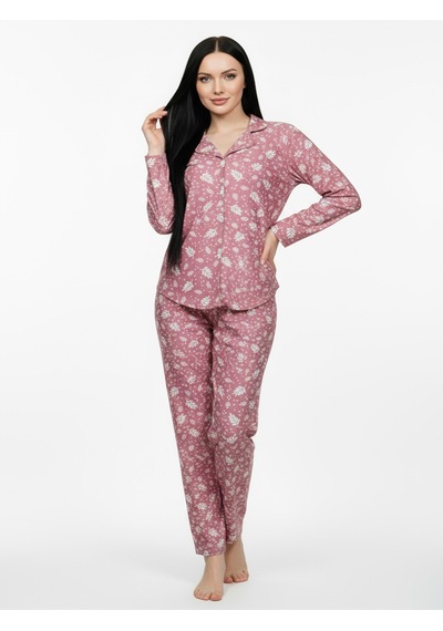 Süet Gömlek Pijama Takımı 7008 Doğa Desen Pudra Pudra