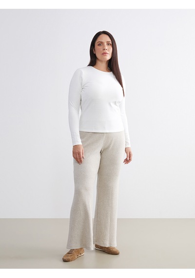 Lcw Comfort Bej Büyük Beden Beli Lastikli Dokulu Kadın Pantolon