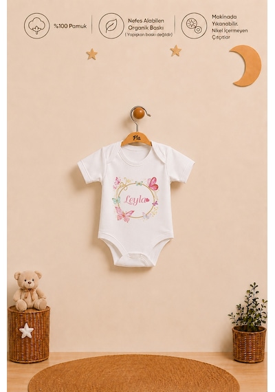 Pia Baby İsme Özel Kız Bebek Hediyesi 2'li %100 Pamuk Organik Baskılı Çıtçıtlı Body Zıbın Ve Ham Bez Kıyafet Kesesi 1077b2k2x Ekru