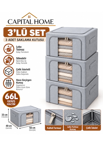 Capital Home 3 Lü Hurç Seti Çelik İskeletli+ Şeffaf Pencereli+çift Fermuarlı Gri