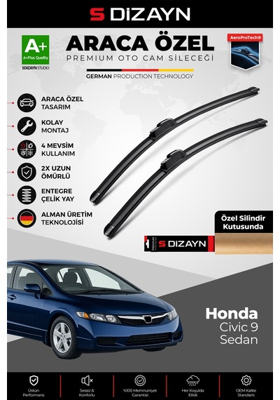 S-dizayn Honda Civic 9 Sedan Ön Cam Silecek Seti 2012-2015 Premium Araca Özel 65-55 Cm A+ Kalite